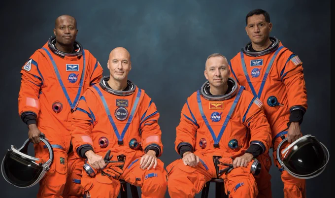 The Artemis III crew poses for an official portrait (from left: Andre Douglas, Luca Parmitano, Randy Bresnik, Frank Rubio).