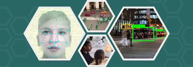 Collage of five hexagonal technology scenes: facial recognition, people counting, object detection, and human-robot interaction.