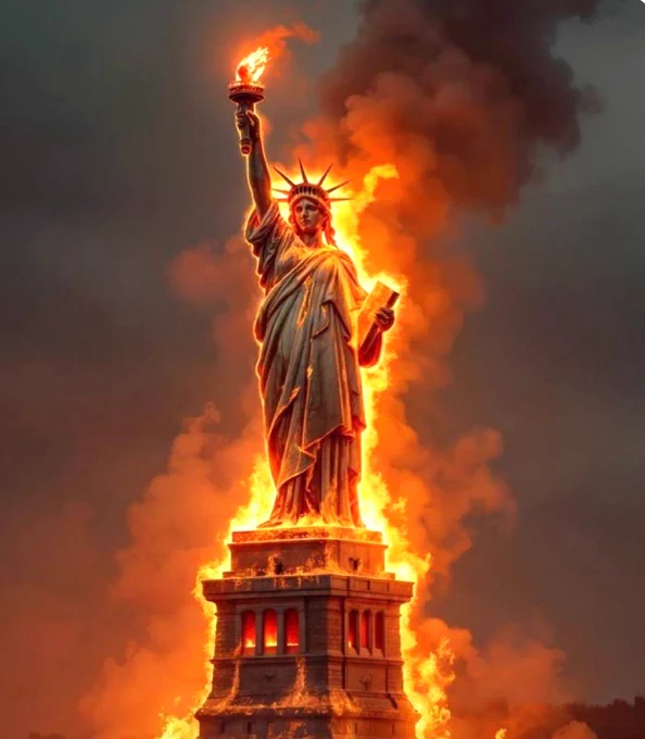 Die Freiheitstatue steht in Flammen , der Himmel ist Rauch verhangen. 