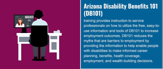 training provides instruction to service
professionals on how to utilize the free, easy-touse information and tools of DB101 to increase
employment outcomes. DB101 reduces the
myths that are barriers to employment by
providing the information to help enable people
with disabilities to make informed career
planning, benefits, health coverage,
employment, and wealth-building decisions.