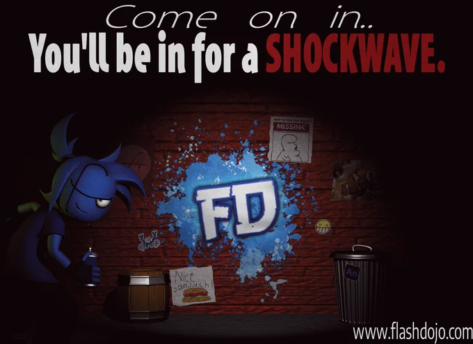 Art by Mikel on FlashDojo, Dojogirl looking at the camera mischeviously after spray painting the FlashDojo logo on a wall. The wall has many posters featuring iconic FlashDojo and Flash moments in general.
