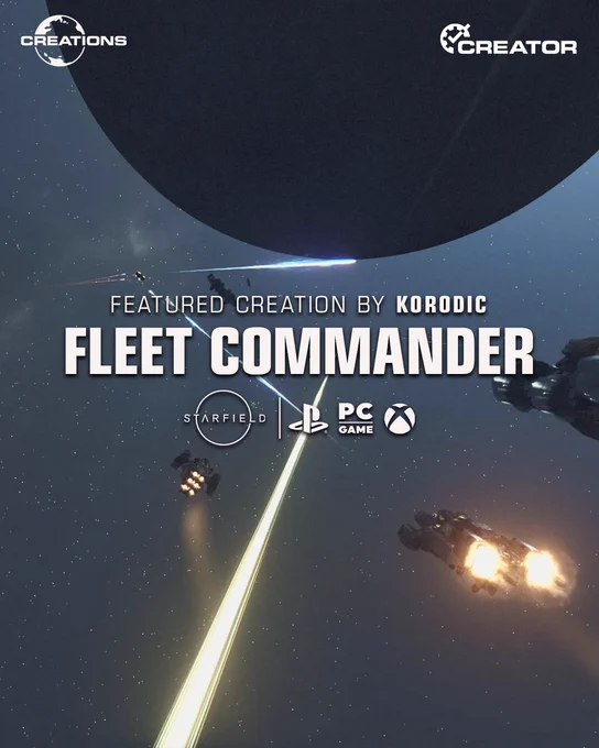 A photo from Starfield of multiple ships engaged in combat near a large planet. The text says:

Featured Creation by korodic
Fleet Commander 