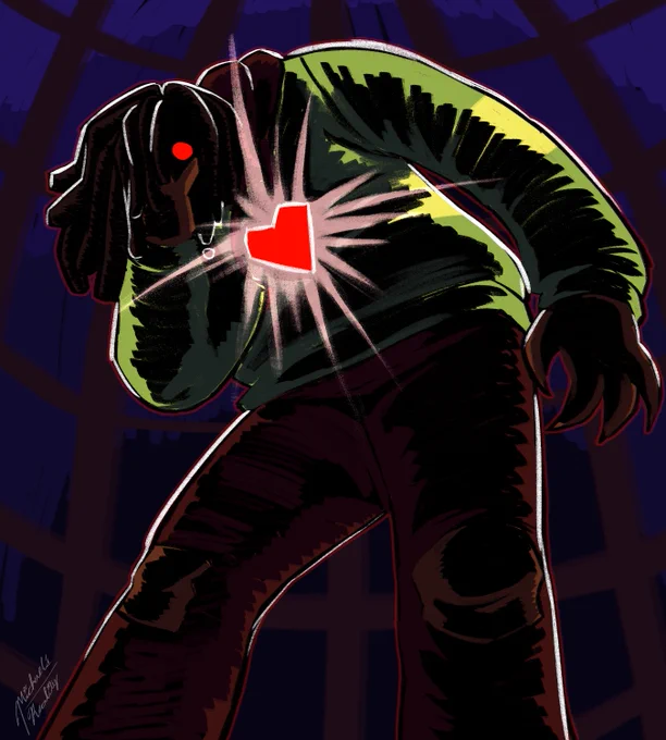 A digital painting of Kris Dreemurr from Deltarune. They stand tall above the camera with a warped perspective shot from below as they lean over and look down at the camera. Kris grips their head with their face dripping in darkness, as a single red eye peaks through. The painting is backlit and mostly shaded with black, casting dramatic shadows all over the subject of the piece. Kris's soul is a bright red heart that shines brightly from their chest. The background of the image is a sketchy gradient, going from a dark blue to a lighter blue, with cage bars going across, in front of it.