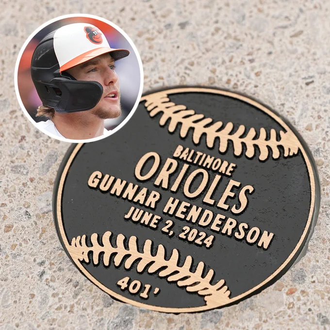 A plaque of Gunnar Henderson’s June 2, 2024 home run on Eutaw Street.

A bubble of Gunnar Henderson wearing an Orioles batting helmet is placed in the upper left corner.