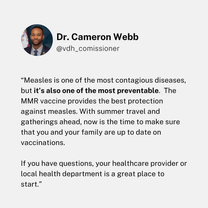 Dr. Cameron Webb emphasizes that measles is highly contagious but preventable with the MMR vaccine, urging families to stay updated on vaccinations before summer travel.