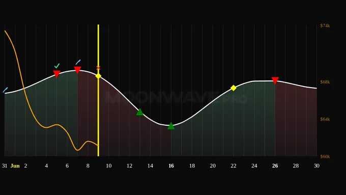 Moonwave predicted market sentiment chart for June 9, 2026. The chart shows predicted bullish/bearish sentiment shifts and likely buy/sell/derisk points. The price of BTC is displayed as an orange line.