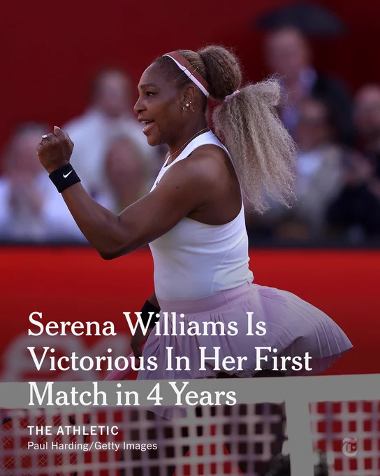Serena Williams celebrates during a tennis match. Headline: Serena Williams Is Victorious In Her First Match in 4 Years