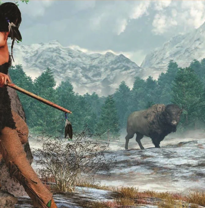 A hunter with a spear in the foreground watches a bison in a misty forest with mountains in the background.