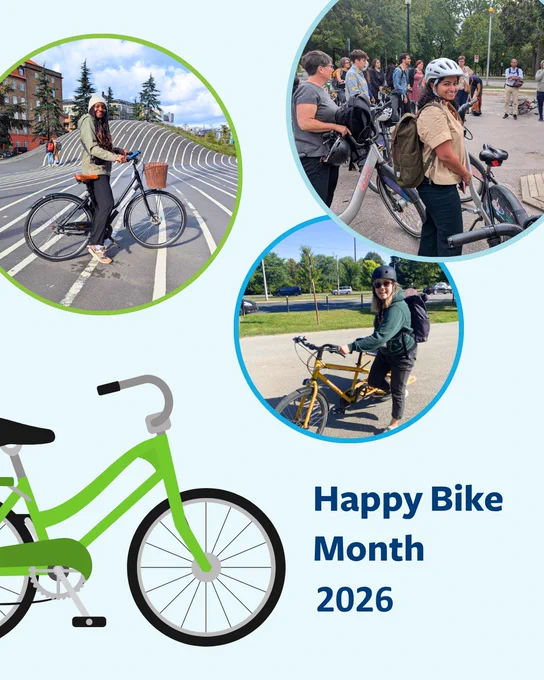 Three circles showing smiling people while standing next to a bicycle on a wavy urban pathway under a blue sky.