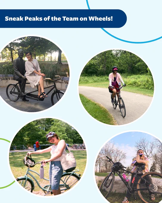 Women biking in urban and suburban environments.