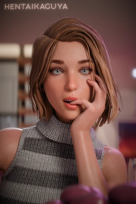 Close-up of Max Caulfield in realistic 3D render with soft lighting, freckled face, blue eyes wide and lips parted, hand gently touching cheek, wearing striped turtleneck.