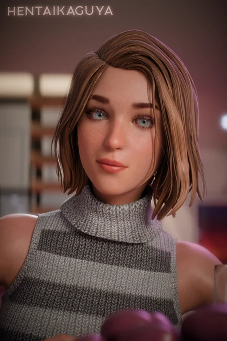 Intimate 3D portrait of Max Caulfield with warm cinematic lighting, direct gaze from blue eyes, subtle smile, detailed skin texture and brown bob hair, striped sweater focus.