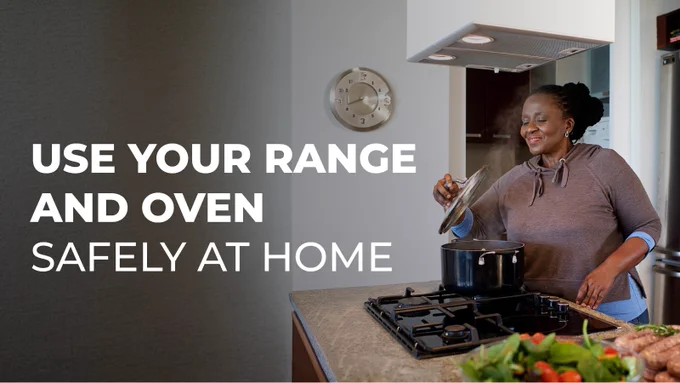 A woman cooking on a gas range in her kitchen with text that reads "Use your range and oven safely at home"