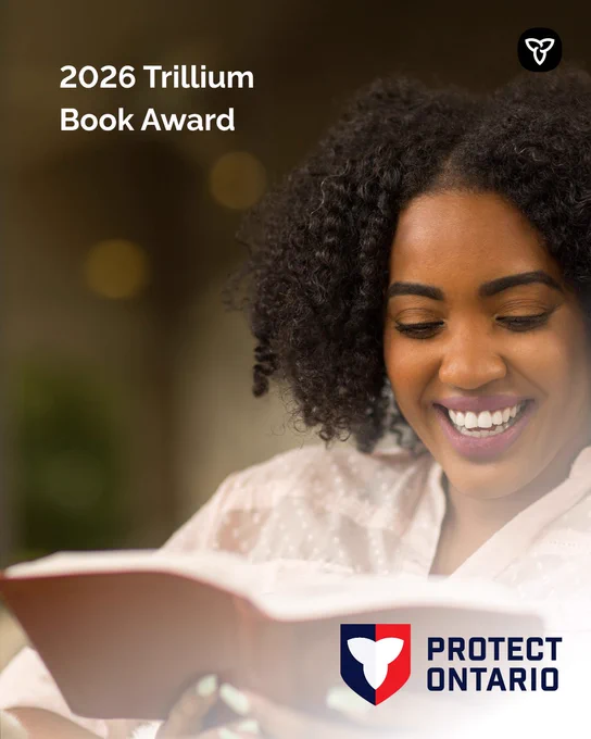 A person reads a book indoors, with the text “2026 Trillium Book Award” displayed in the upper left and the Protect Ontario logo in the corner.