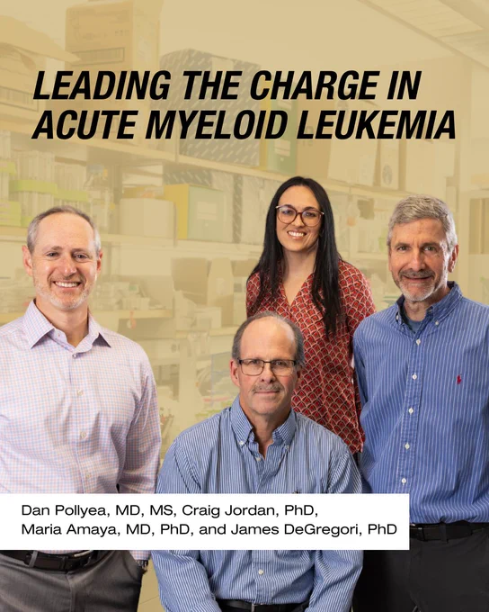 In black text "Leading The Charge In Acute Myeloid Leukemia". There is a group photo of Dan Pollyea, MD, MS, Craig Jordan, PhD, Maria Amaya, MD, PhD, and James DeGregori, PhD. They are standing in a lab, that is overlayed by CU gold.