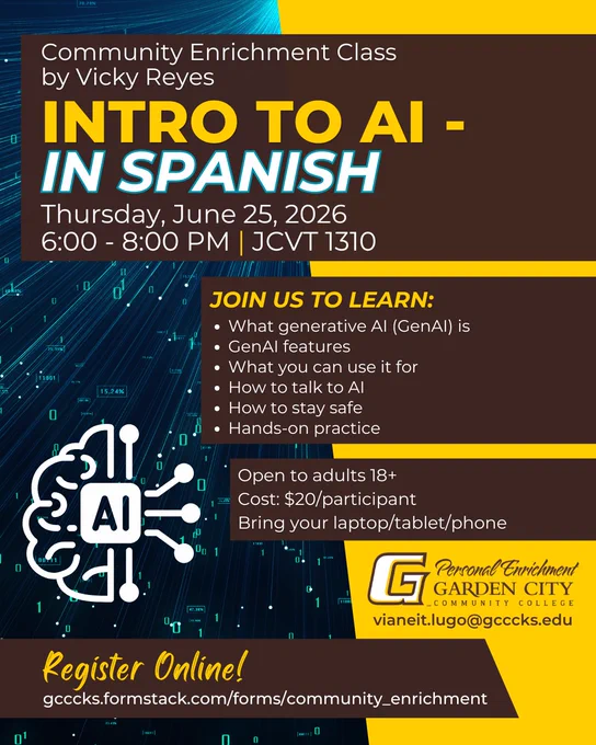 Flyer for a community class titled 'Intro to AI - In Spanish' by Vicky Reyes, scheduled June 25, 2026, 6-8 PM at JCVT 1310, covering generative AI basics and hands-on practice.