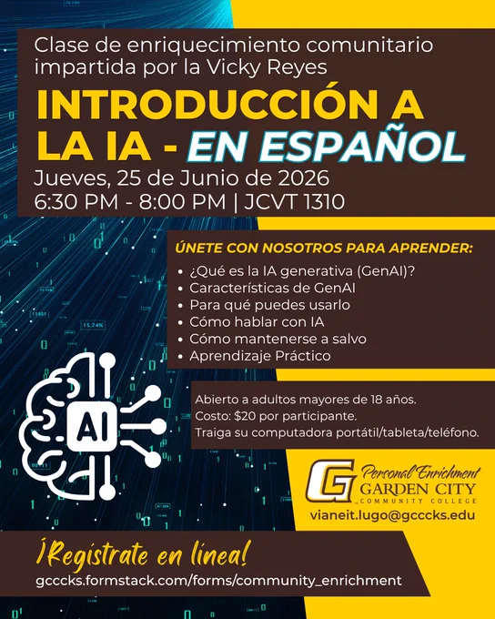 Flyer for a community enrichment class on Introduction to AI in Spanish, covering generative AI, usage, safety, and practical learning on June 25, 2026, 6:30-8 PM at JCVT 1310.