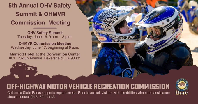 Graphic showing meeting information for OHMVR Commission meeting and OHC Safety Summit with adult helping child with protective helmet. 