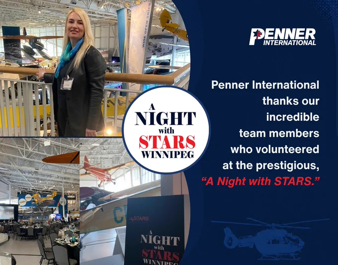 Penner International graphic recognizing team members who volunteered at A Night with STARS Winnipeg. The image features event branding, photos from the gala venue, and a volunteer standing inside an aviation museum event space.