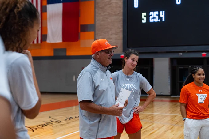 Head coach addresses the team during a practice session inside the UTRGV Fieldhouse.
