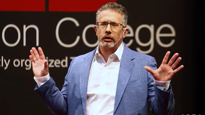 Speaker David Hawley gestures during a TEDx Talk at Jackson College. 