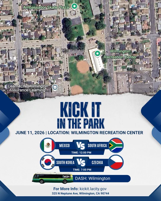 Aerial view of Wilmington Recreation Center and surrounding neighborhood with event details for June 11 soccer matches at the park.