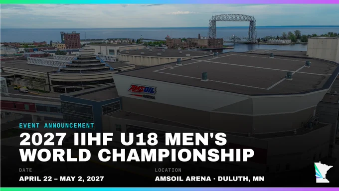 Aerial view of the AMSOIL Arena in Duluth, Minnesota, with nearby waterways and cityscape. Text on the image announces the 2027 IIHF U18 Men's World Championship, scheduled for April 22 to May 2, 2027.