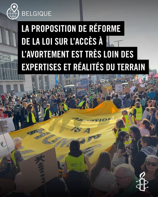 Manifestation dans une rue en Belgique\u202F: une foule dense de personnes entourent et portent une grande b\u00E2che jaune sur laquelle est inscrit \u00AB\u202FAbortion is a human right\u202F\u00BB. Plusieurs participant\u00B7es portent des gilets jaunes avec le logo d\u2019Amnesty International et tiennent des pancartes. En arri\u00E8re\u2011plan, des b\u00E2timents urbains et des passants. En haut de l\u2019image, un encart noir avec du texte blanc indique\u202F: \u00AB\u202FLa proposition de r\u00E9forme de la loi sur l\u2019acc\u00E8s \u00E0 l\u2019avortement est tr\u00E8s loin des expertises et r\u00E9alit\u00E9s du terrain\u202F\u00BB. La mention \u00AB\u202FBelgique\u202F\u00BB appara\u00EEt en haut \u00E0 gauche, et le logo d\u2019Amnesty International est visible en bas \u00E0 droite.