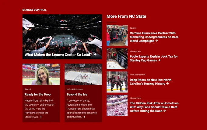 A section of NC State's website featuring seven stories about the Stanley Cup Final that showcase NC State connections and research about the event.