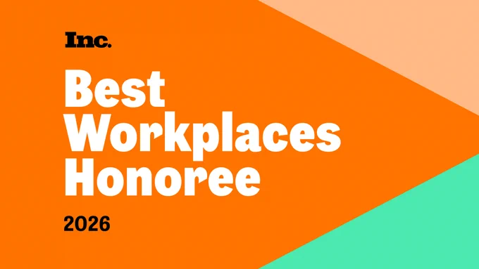 Orange and teal geometric background with black and white text reading "Inc. Best Workplaces Honoree 2026.
