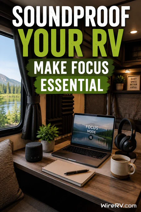 Quiet RV workspace with a laptop, headphones, curtains, and sound-reducing features designed for remote work.