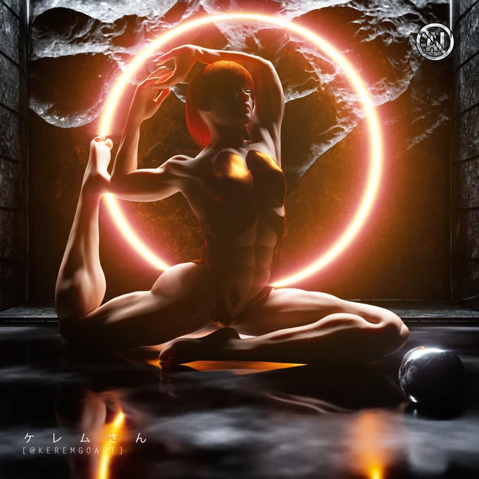 3D sculpting of an original female cyborg character practicing yoga in a sleek environment with circular neon light 