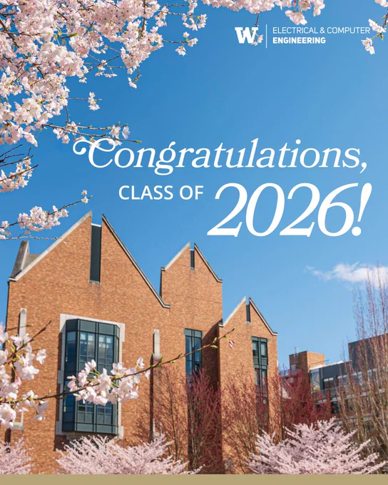 An image of the ECE building  framed by cherry blossoms. In the right hand side of the image reads “ Congratulations Class of 202t6!” in white text. In the upper right corner, sits the UW ECE logo. 