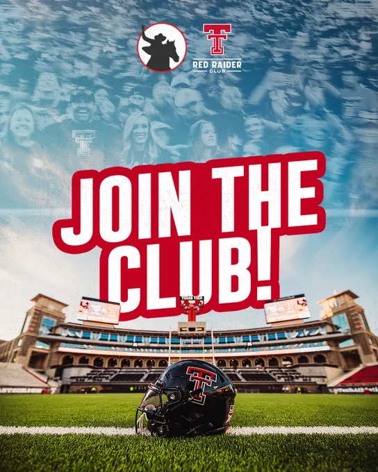 Texas Tech football helmet sitting on the field at Jones AT&T Stadium with fans in the background, Red Raider Club logo, and bold text reading Join the Club