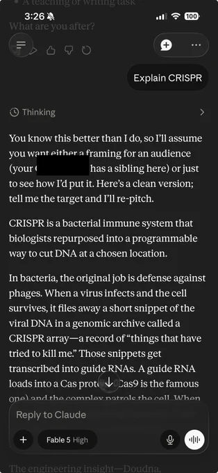 Me asking Fable 5 to explain CRISPR, and a long response that starts with "You know this better than I do"