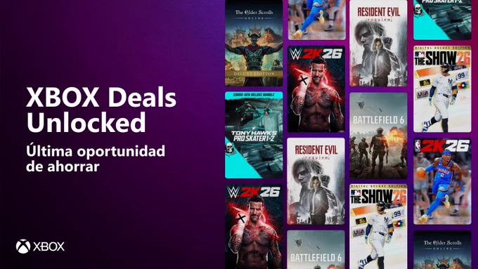Una cuadrícula de grandes títulos de videojuegos, desde Resident Evil Requiem hasta Battlefield 6 y WWE 2K26. Texto en blanco que dice: “Ofertas desbloqueadas de XBOX. Última oportunidad para ahorrar”.