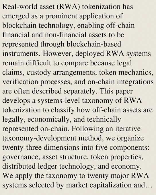 Real-world asset (RWA) tokenization has emerged as a prominent application of blockchain technology, enabling off-chain financial and non-financial assets to be represented through blockchain-based instruments. However, deployed RWA systems remain difficult to compare because legal claims, custody arrangements, token mechanics, verification processes, and on-chain integrations are often described separately. This paper develops a systems-level taxonomy of RWA tokenization to classify how off-chain assets are legally, economically, and technically represented on-chain. Following an iterative taxonomy-development method, we organize twenty-three dimensions into five components: governance, asset structure, token properties, distributed ledger technology, and economy. We apply the taxonomy to twenty major RWA systems selected by market capitalization and compare their design choices across asset classes and implementation models. The classification shows that current RWA tokenization is p