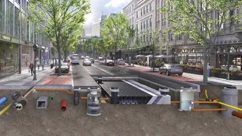 A city street with busy traffic and pedestrians is shown. Below the surface, a cutaway reveals an intricate network of pipes and utilities underground.