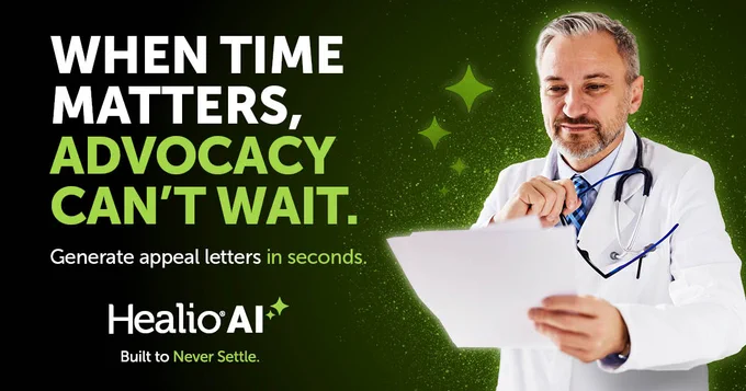 A male doctor examines a document against a green background. The image promotes Healio AI’s ability to generate quick advocacy letters.