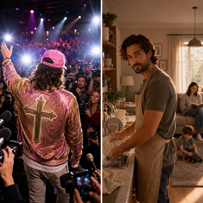 Split-screen illustration contrasting public celebrity and quiet everyday life. On the left, a long-haired celebrity-style man in flashy clothing stands in the spotlight with cameras, reporters, and bright stage lights around him, suggesting fame, image, and attention. On the right, a normal man in an apron stands at the kitchen sink washing dishes and looking toward the viewer, while his wife sits in the background and their child plays nearby. The image highlights the contrast between commercialized, attention-driven religion and a simple, humble life of service at home.