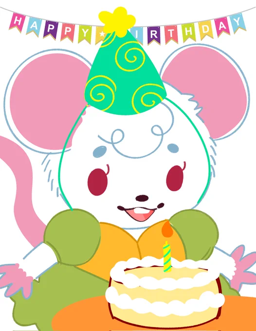 A stylized illustration of a bipedal white mouse with a pink tail, large pink ears, and red eyes. She's smiling down at a birthday cake in front of her, candle on the cake and all.
She's wearing a green and yellow party hat and a green and orange party dress. A birthday party banner reading "happy birthday" is in the background.
