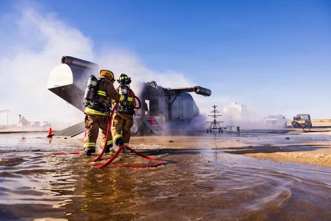 U.S. Marine Corps Lance Cpl. Reed Probst, a nozzleman, left, and Lance Cpl. Julian Magallanes, a backup man, both assigned to Marine Wing Support Squadron 473, Marine Aircraft Group 41, 4th Marine Aircraft Wing, extinguish a simulated aircraft fire at an aircraft rescue and firefighting event during Integrated Training Exercise 3-26 on Marine Corps Air Ground Combat Center Twentynine Palms, California, June 5, 2026. ITX is designed to generate combat readiness and ensure the Reserve Component provides critical strategic depth to the Total Force. From complex combined arms maneuvers to all-domain integration, these Marines are proving that they are ready to augment, reinforce, and fight alongside the active component at a moment's notice. (U.S. Marine Corps photo by Cpl. Van Hoang)\n\n
