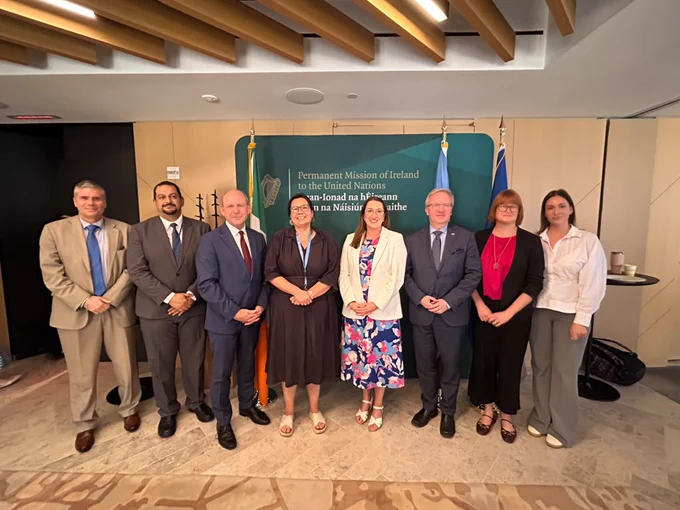 Eight people stand side by side in a modern indoor room, posing for a group photo. Behind them is a green sign reading “Permanent Mission of Ireland to the United Nations,” with flags on either side. The group wears formal business attire. The room has wood ceiling beams, light walls, and a tiled floor.