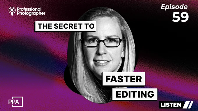 This image is a promotional graphic for "Professional Photographer" Episode 59. It features a person with glasses looking directly ahead, overlaid with text reading "The Secret to Faster Editing." Logo for "PPA".