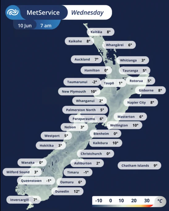 Map of NZ with observed temperatures around the country at 7 am, 10 June 2026. 