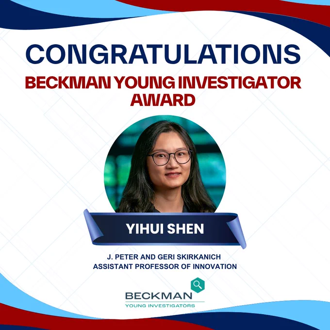 Graphic congratulating Yihui Shen for receiving the Beckman Young Investigator Award. The design features a circular headshot of Shen centered below large text reading “Congratulations” and “Beckman Young Investigator Award.” Her name appears in a navy banner beneath the portrait, followed by her title, “J. Peter and Geri Skirkanich Assistant Professor of Innovation.” The Beckman Young Investigators logo appears at the bottom, with red, navy and light blue wave accents framing the image.
