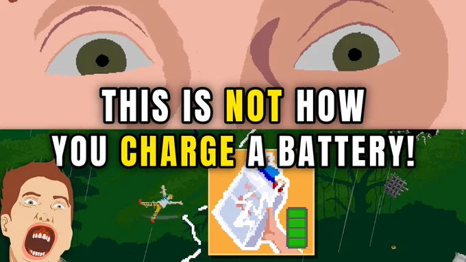 A dramatic, over‑the‑top scene shows a terrified cartoon face with huge, wide eyes at the top of the image, reacting to chaos below. In the center, bold text reads “THIS IS NOT HOW YOU CHARGE A BATTERY!”, with “NOT” and “CHARGE” highlighted in bright yellow. Beneath it, a pixel‑style hand holds a green‑charged battery icon. The background shows a character being struck by lightning in a forest, emphasizing the comedic danger and frantic energy of Freefall ’95.