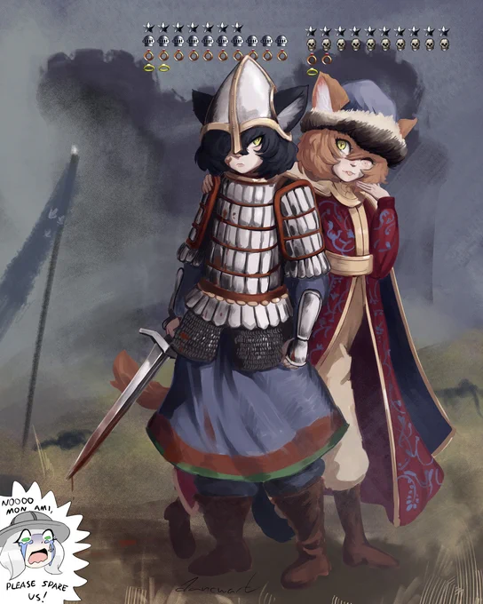 Digital illustration of two knights/boyars on a battle field. I've attempted to keep the armour and clothes accurate to the 13'th century.
Also, this version has a medieval 3: Total War styled overlay