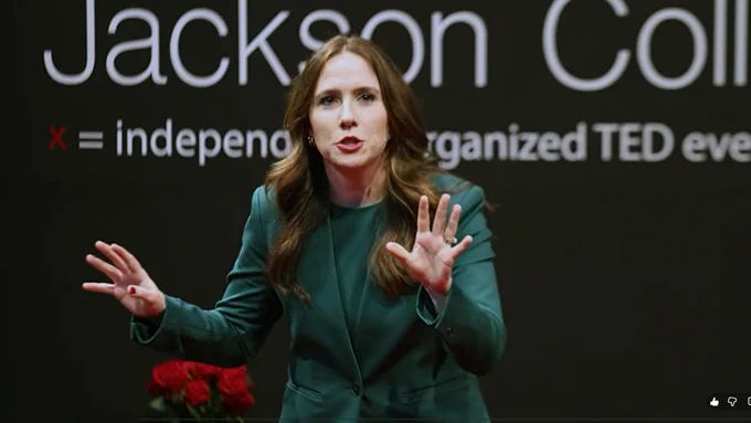 Speaker and Theatre Instructor Sara Anne Tomczak on the TEDx stage. 
