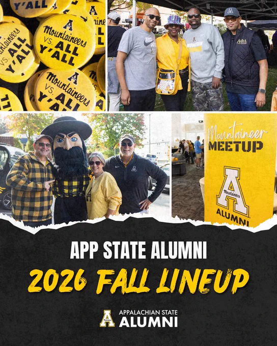 Collage promoting the App State Alumni 2026 Fall Lineup. Photos show “Mountaineers vs. Y’all” buttons, alumni gathered at a meetup, Yosef posing with alumni and a Mountaineer Meetup sign. Text reads “App State Alumni 2026 Fall Lineup” with the Appalachian State Alumni logo.